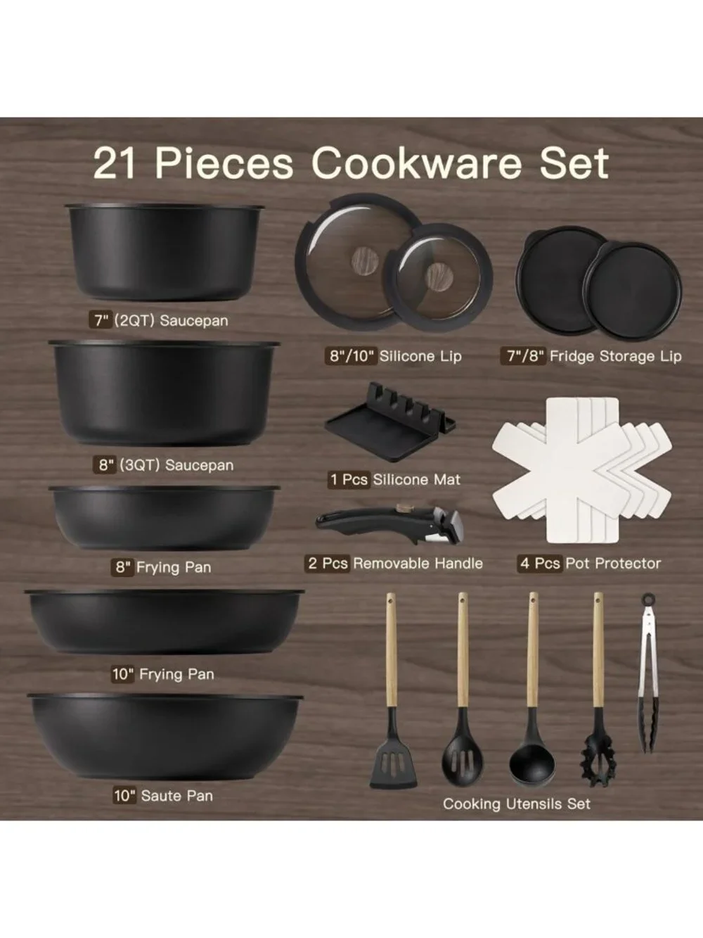 21-Piece Non-Stick Ceramic Cookware Set, Detachable Handle, Oven Safe, Induction